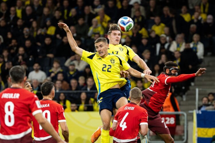 SOLNA, SWEDEN: Gustaf Lagerbielke and Viktor Gyokeres of Sweden during the FIFA World Cup 2026 qualifier match between Sweden and Switzerland at St...