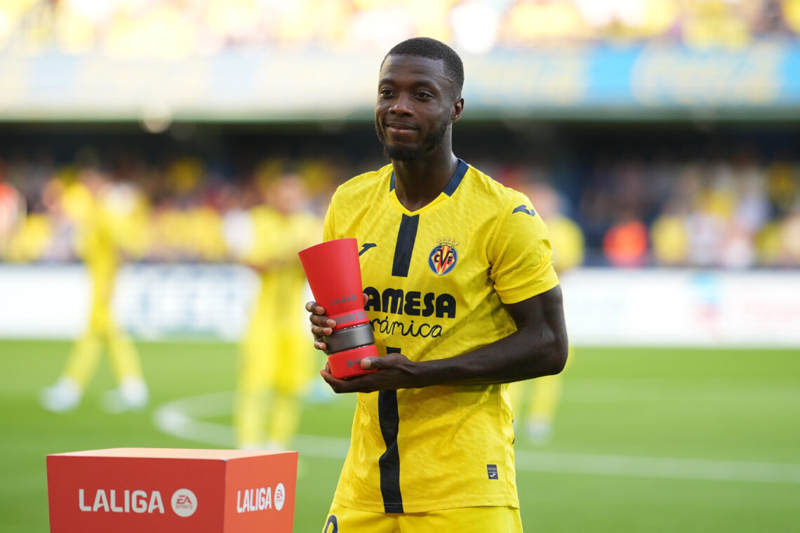 VILLARREAL, SPAIN - SEPTEMBER 20: Nicolas Pepe of Villarreal CF holds up the LaLiga Player Of The Month trophy for August prior to the LaLiga EA Sp...