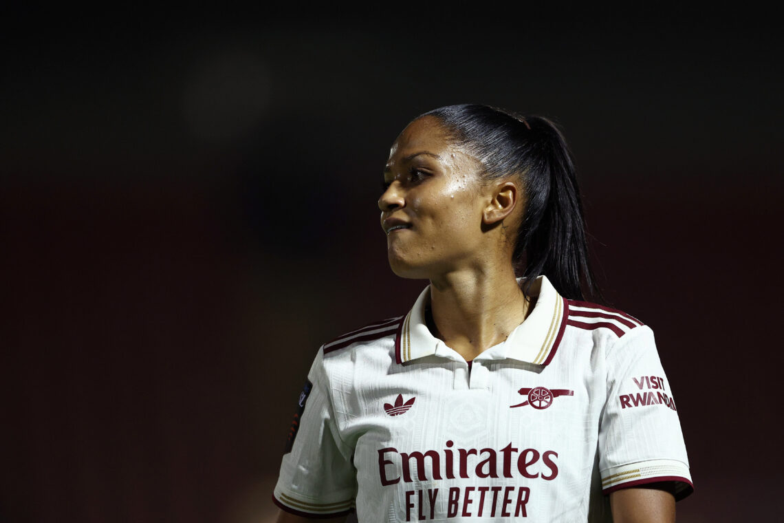 DAGENHAM, ENGLAND - SEPTEMBER 12: Taylor Hinds of Arsenal looks on during the Barclays Women's Super League match between West Ham United and Arsen...