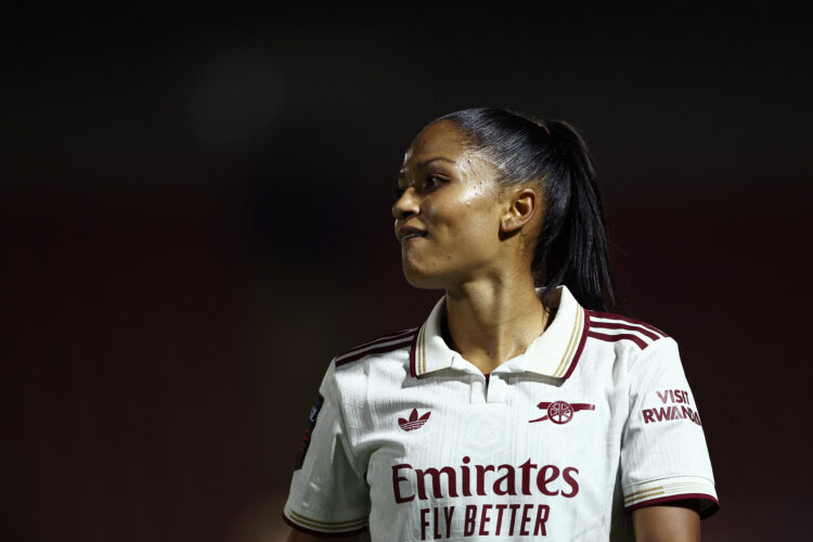 DAGENHAM, ENGLAND - SEPTEMBER 12: Taylor Hinds of Arsenal looks on during the Barclays Women's Super League match between West Ham United and Arsen...
