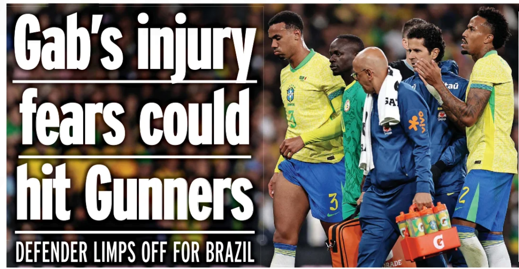 "We're sorry" Gabriel injury update delivered by Ancelotti 2 Gab’s injury fears could hit Gunners DEFENDER LIMPS OFF FOR BRAZIL Sunday People16 Nov 2025 ARSENAL had a big injury scare as defender Gabriel limped out of Brazil’s friendly win over Senegal at the Emirates Stadium. The 27-year-old (far left) went down just before the hour mark and received treatment to his right thigh before being subbed off. Brazil boss Carlo Ancelotti said: “Bad? I don’t know, he had a problem with his adductor. We are really sorry for this.” Gabriel’s absence would be a major blow for the Gunners after a fine start to the season based on a firm defence. Chelsea winger Estevao and Manchester United midfielder Casemiro scored in the 2-0 victory.