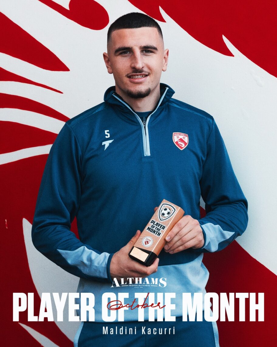 Arsenal loanee wins October Player of the Month award 1 Maldini Kacurri with Morecambe's Player of the Month award for October (Photo via Morecambe FC on Instagram)