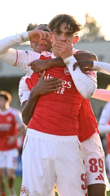 Max Dowman celebrating a goal for the Arsenal academy (Photo via Arsenal Academy on Instagram)