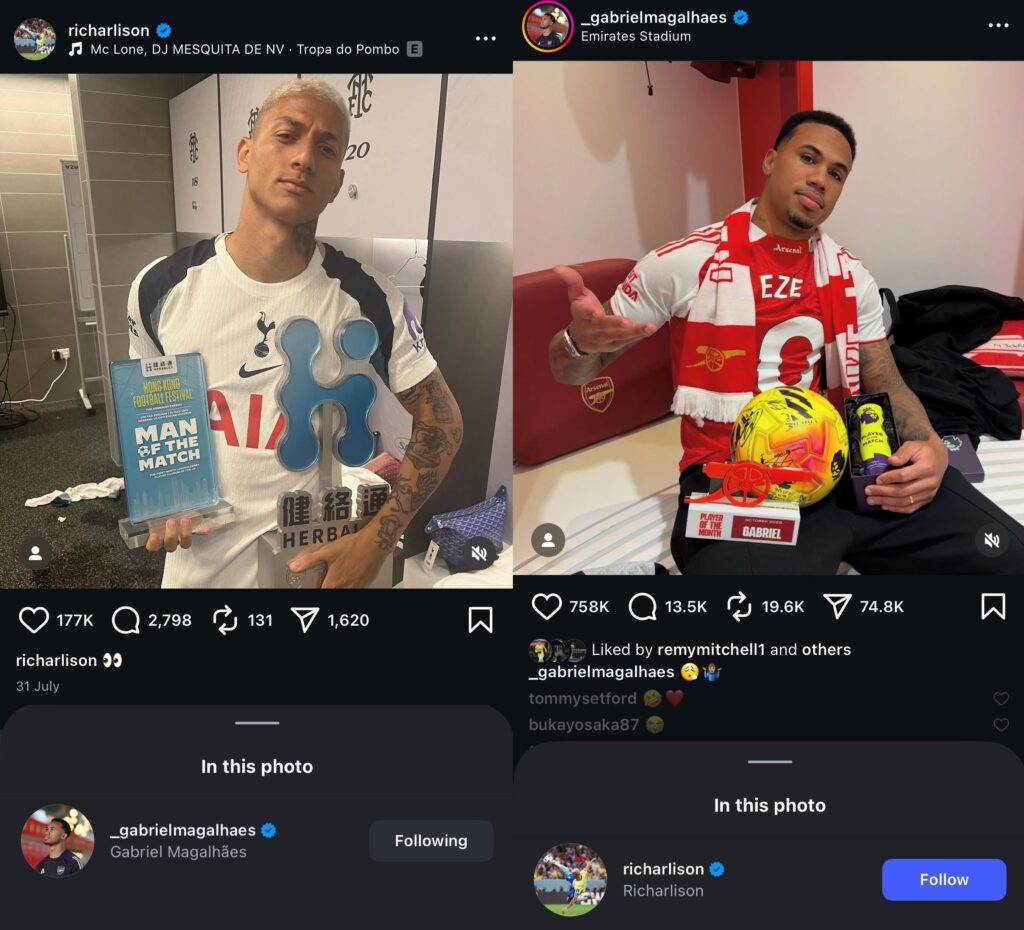 Arsenal's Gabriel takes revenge on Richarlison with social media posts 3 Richarlison and Gabriel Magalhaes' Instagram posts