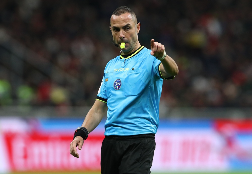 Arsenal v Bayern Munich referee announced 2 MILAN, ITALY: Referee Marco Guida gestures during the Serie A match between AC Milan and AS Roma at Giuseppe Meazza Stadium on November 02, 2025. (Photo by Marco Luzzani/Getty Images)