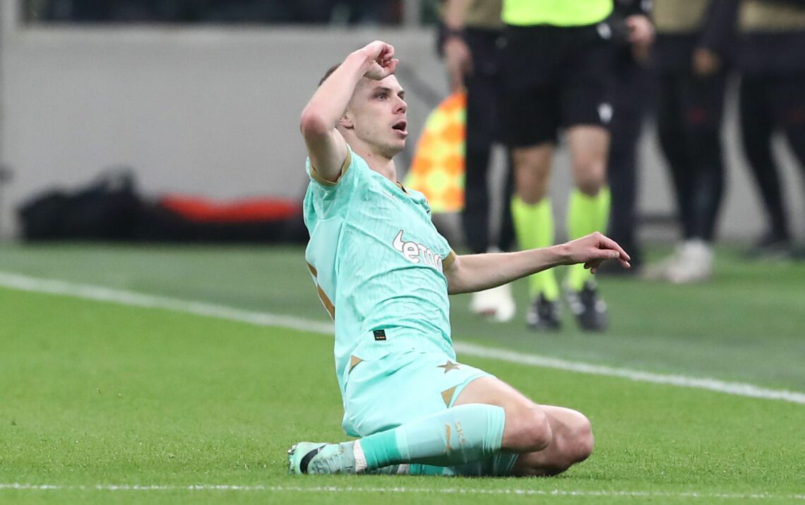 MILAN, ITALY - MARCH 07: David Doudera of SK Slavia Praha after scoring his team's first goal during the UEFA Europa League 2023/24 round of 16 fir...
