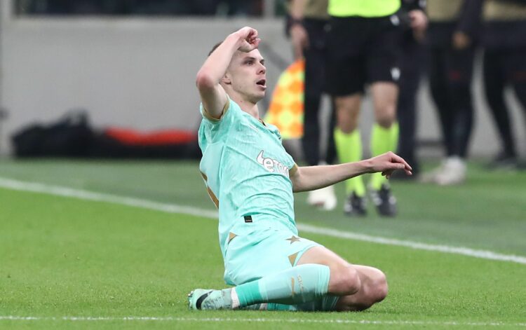 MILAN, ITALY - MARCH 07: David Doudera of SK Slavia Praha after scoring his team's first goal during the UEFA Europa League 2023/24 round of 16 fir...