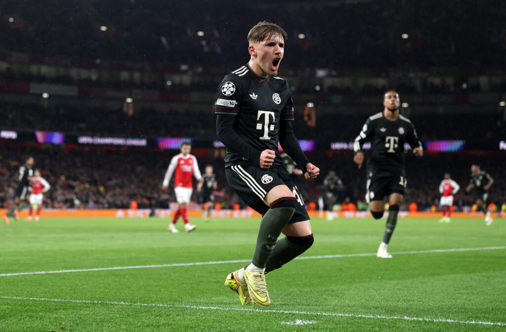 LONDON, ENGLAND - NOVEMBER 26: Lennart Karl of Bayern Munich celebrates scoring his team's first goal during the UEFA Champions League 2025/26 League Phase MD5 match between Arsenal FC and FC Bayern München at Arsenal Stadium on November 26, 2025 in London, England. (Photo by Richard Heathcote/Getty Images)