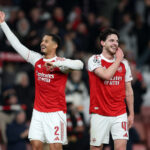 LONDON, ENGLAND - NOVEMBER 26: William Saliba and Declan Rice of Arsenal celebrate after the UEFA Champions League 2025/26 League Phase MD5 match between Arsenal FC and FC Bayern München at Arsenal Stadium on November 26, 2025 in London, England. (Photo by Richard Heathcote/Getty Images)