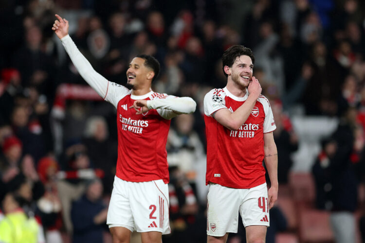 LONDON, ENGLAND - NOVEMBER 26: William Saliba and Declan Rice of Arsenal celebrate after the UEFA Champions League 2025/26 League Phase MD5 match b...
