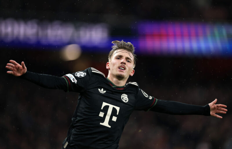 LONDON, ENGLAND - NOVEMBER 26: Lennart Karl of Bayern Munich celebrates scoring his team's first goal during the UEFA Champions League 2025/26 Leag...
