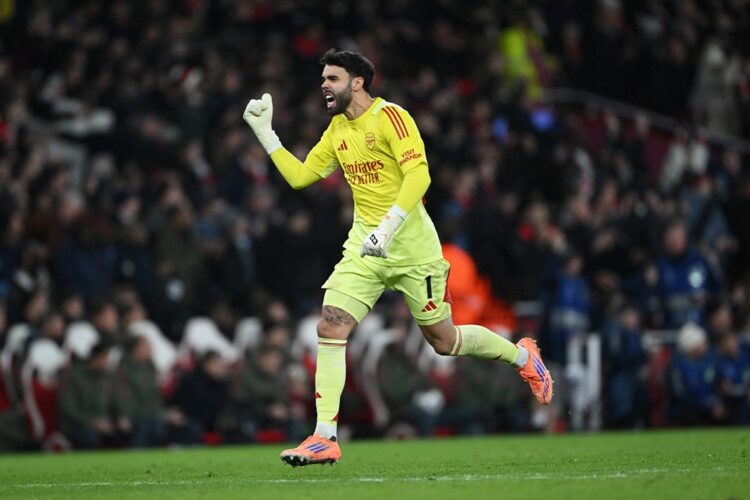 LONDON, ENGLAND: David Raya of Arsenal celebrates their second goal, scored by teammate Noni Madueke (Not pictured) during the UEFA Champions Leagu...