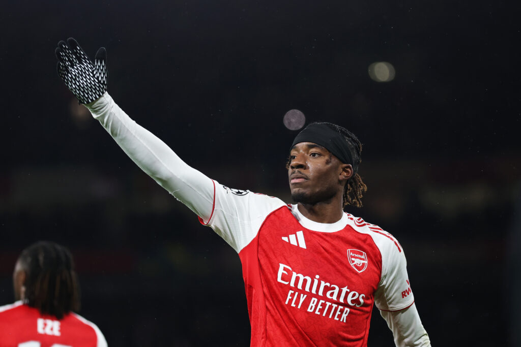 LONDON, ENGLAND - NOVEMBER 26: Noni Madueke of Arsenal celebrates scoring his team's second goal during the UEFA Champions League 2025/26 League Phase MD5 match between Arsenal FC and FC Bayern München at Arsenal Stadium on November 26, 2025 in London, England. (Photo by Richard Heathcote/Getty Images)
