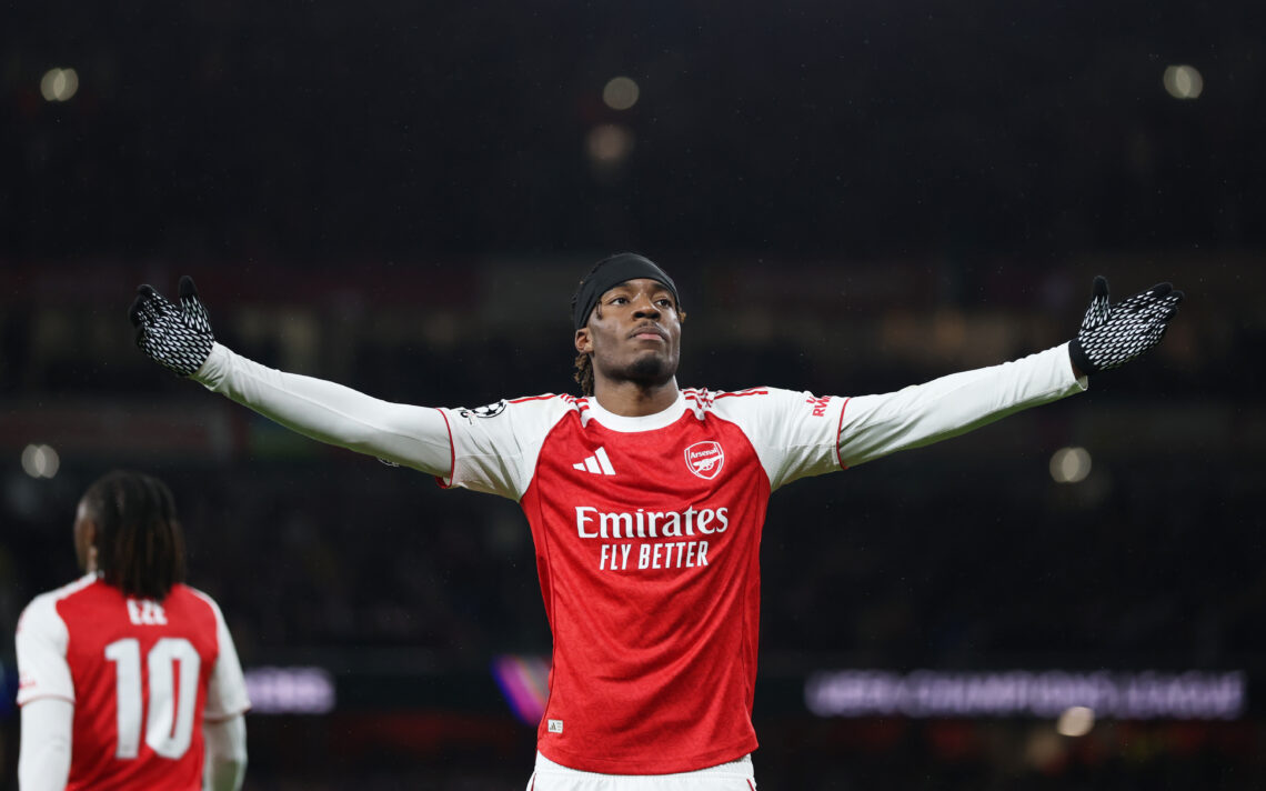 LONDON, ENGLAND - NOVEMBER 26: Noni Madueke of Arsenal celebrates scoring his team's second goal during the UEFA Champions League 2025/26 League Ph...