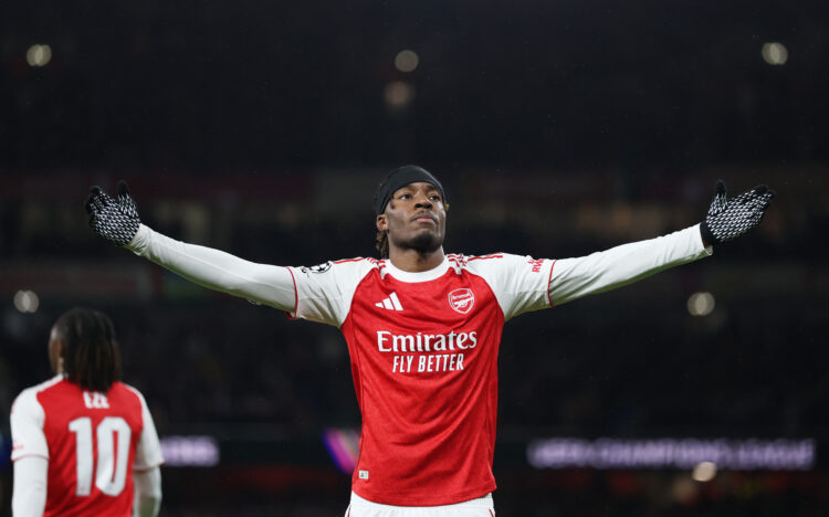 LONDON, ENGLAND - NOVEMBER 26: Noni Madueke of Arsenal celebrates scoring his team's second goal during the UEFA Champions League 2025/26 League Ph...