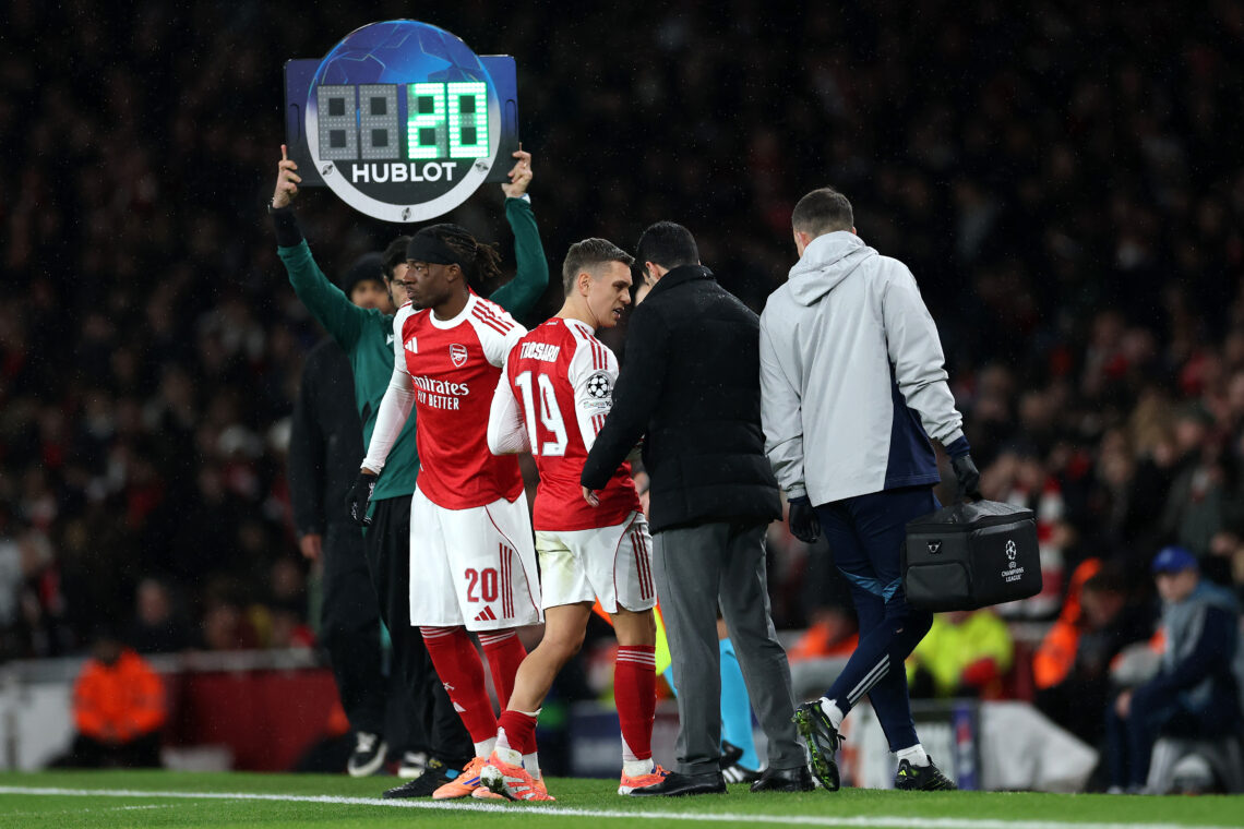 Arteta delivers positive injury updates ahead of Chelsea 1 LONDON, ENGLAND - NOVEMBER 26: Leandro Trossard of Arsenal speaks to Mikel Arteta, Manager of Arsenal, as he leaves the pitch after being substitut...