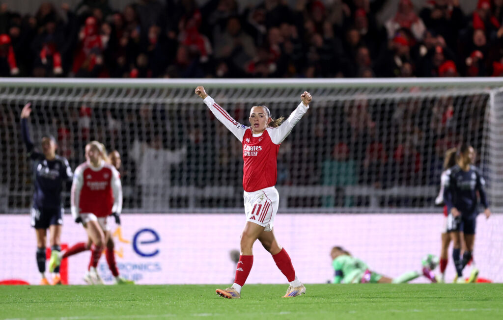 BOREHAMWOOD, ENGLAND - NOVEMBER 19: Katie McCabe of Arsenal celebrates her team's first goal scored by teammate Alessia Russo (obscured) during the UEFA Women's Champions League 2025/26 league phase match between Arsenal FC and Real Madrid CF at Meadow Park on November 19, 2025 in Borehamwood, England. (Photo by Julian Finney/Getty Images)