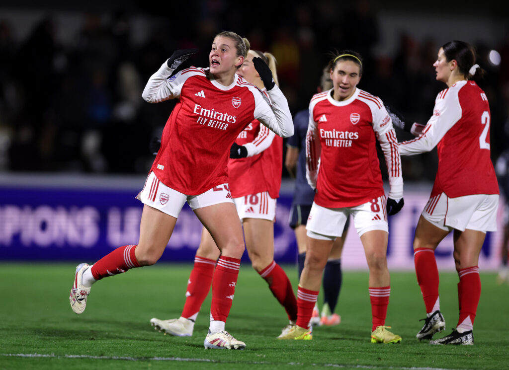 BOREHAMWOOD, ENGLAND - NOVEMBER 19: Alessia Russo of Arsenal celebrates scoring her team's first goal during the UEFA Women's Champions League 2025/26 league phase match between Arsenal FC and Real Madrid CF at Meadow Park on November 19, 2025 in Borehamwood, England. (Photo by Justin Setterfield/Getty Images)