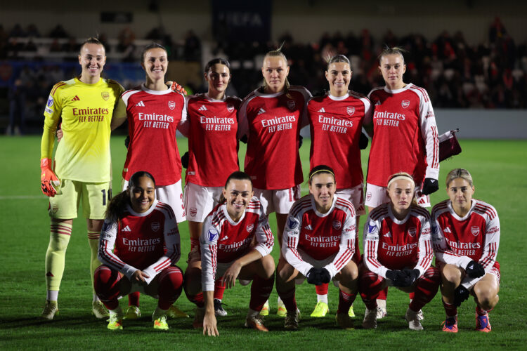 BOREHAMWOOD, ENGLAND - NOVEMBER 19: Players of Arsenal pose for a team photograph prior to the UEFA Women's Champions League 2025/26 league phase m...