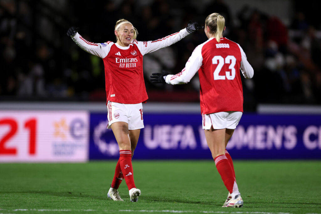 BOREHAMWOOD, ENGLAND - NOVEMBER 19: Chloe Kelly of Arsenal congratulates teammate Alessia Russo after she scored their team's first goal during the UEFA Women's Champions League 2025/26 league phase match between Arsenal FC and Real Madrid CF at Meadow Park on November 19, 2025 in Borehamwood, England. (Photo by Justin Setterfield/Getty Images)