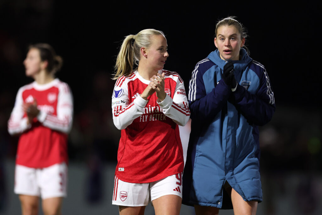 BOREHAMWOOD, ENGLAND - NOVEMBER 19: Beth Mead and Alessia Russo of Arsenal applaud the fans after the team's victory in the UEFA Women's Champions League 2025/26 league phase match between Arsenal FC and Real Madrid CF at Meadow Park on November 19, 2025 in Borehamwood, England. (Photo by Julian Finney/Getty Images)