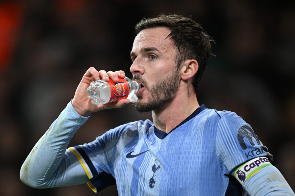 Tottenham injury crisis bigger than Arsenal's ahead of North London derby 3 LONDON, ENGLAND - JANUARY 15: James Maddison of Tottenham Hotspur drinks from arsenal water bottle during the Premier League match between Arsenal FC and Tottenham Hotspur FC at Emirates Stadium on January 15, 2025 in London, England. (Photo by Justin Setterfield/Getty Images)