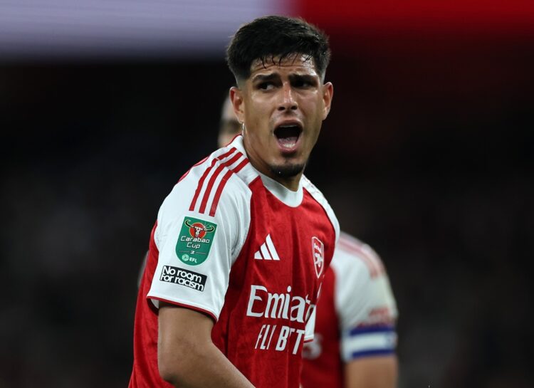 LONDON, ENGLAND: Piero Hincapie of Arsenal reacts during the Carabao Cup Fourth Round match between Arsenal and Brighton & Hove Albion at Emirates ...