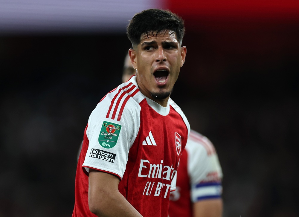 Arsenal fans come up with new chant for summer signing 2 LONDON, ENGLAND: Piero Hincapie of Arsenal reacts during the Carabao Cup Fourth Round match between Arsenal and Brighton & Hove Albion at Emirates Stadium on October 29, 2025. (Photo by Eddie Keogh/Getty Images)