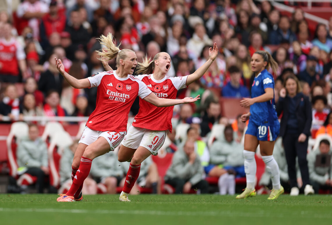 Arsenal women robbed against Chelsea 1 LONDON, ENGLAND - NOVEMBER 08: Stina Blackstenius and Beth Mead of Arsenal react during the Barclays Women's Super League match between Arsenal and...