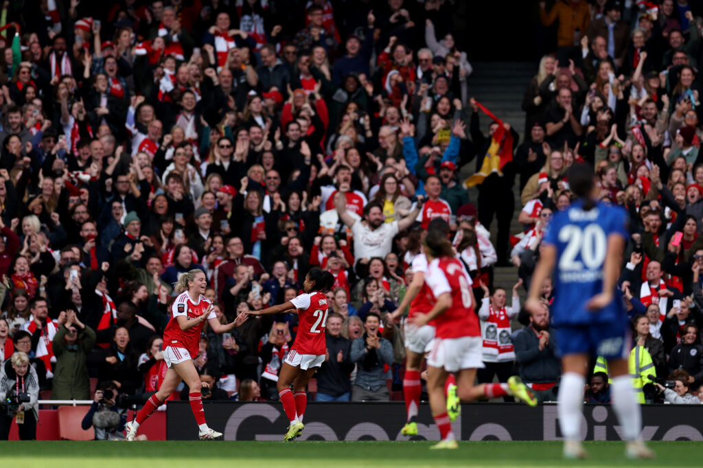 LONDON, ENGLAND - NOVEMBER 08: Alessia Russo of Arsenal celebrates after scoring her teams first goal during the Barclays Women's Super League match between Arsenal and Chelsea FC at Emirates Stadium on November 08, 2025 in London, England. (Photo by Naomi Baker/Getty Images)