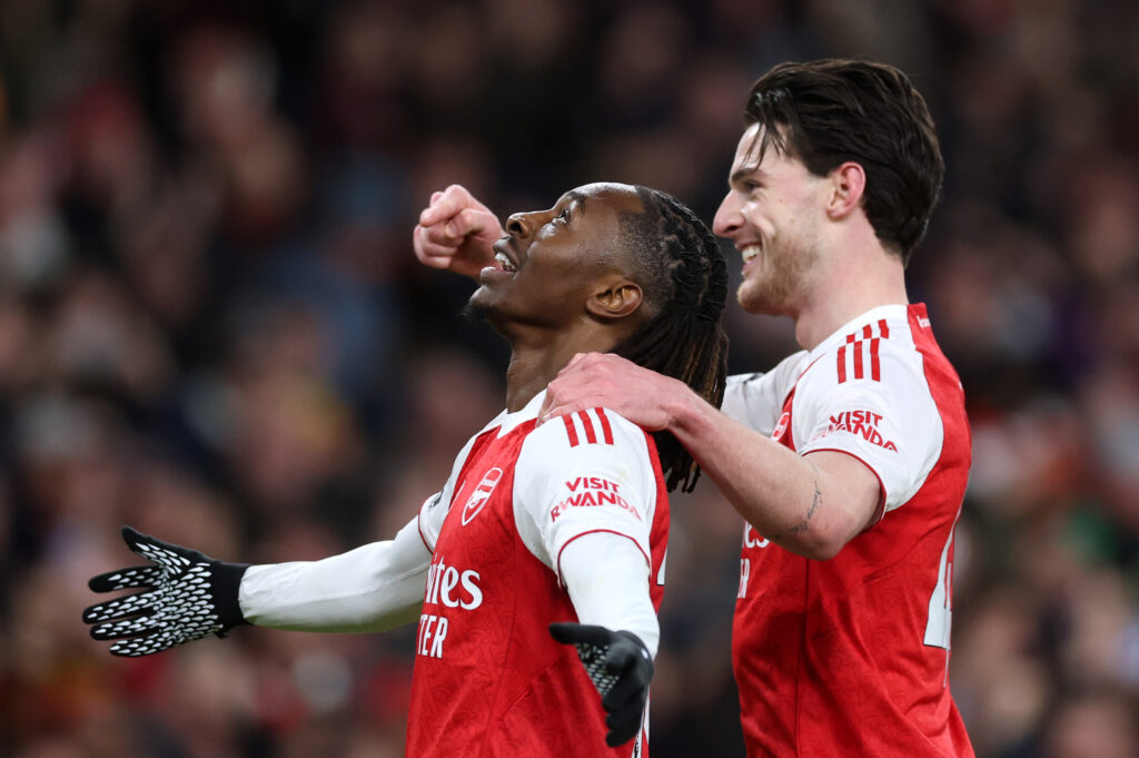 LONDON, ENGLAND - NOVEMBER 23: Eberechi Eze of Arsenal celebrates scoring his team's fourth goal with teammate Declan Rice during the Premier League match between Arsenal and Tottenham Hotspur at Emirates Stadium on November 23, 2025 in London, England. (Photo by Julian Finney/Getty Images)
