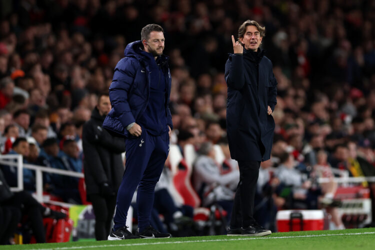 LONDON, ENGLAND - NOVEMBER 23: Thomas Frank, Manager of Tottenham Hotspur, reacts during the Premier League match between Arsenal and Tottenham Hot...