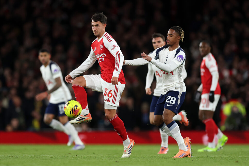 LONDON, ENGLAND - NOVEMBER 23: Martin Zubimendi of Arsenal controls the ball whilst under pressure from Wilson Odobert of Tottenham Hotspur during the Premier League match between Arsenal and Tottenham Hotspur at Emirates Stadium on November 23, 2025 in London, England. (Photo by Julian Finney/Getty Images)