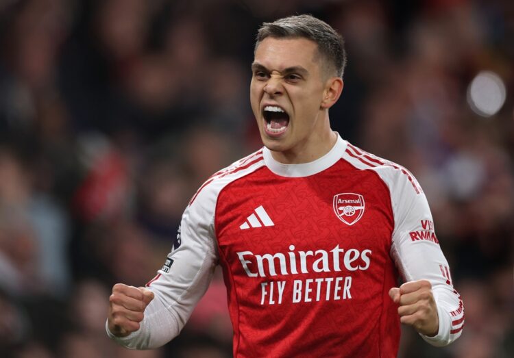 LONDON, ENGLAND: Leandro Trossard of Arsenal celebrates scoring his team's first goal during the Premier League match between Arsenal and Tottenham...