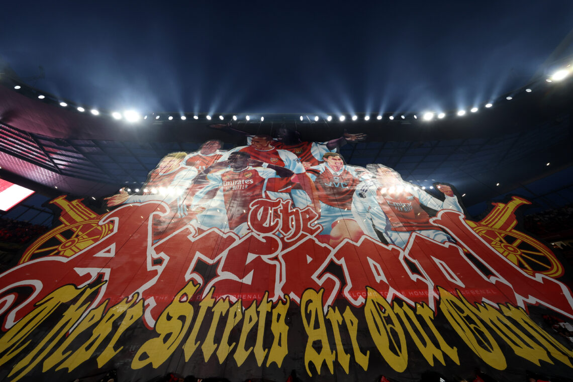 LONDON, ENGLAND - NOVEMBER 23: A general view of the Arsenal fans tifo prior to the Premier League match between Arsenal and Tottenham Hotspur at E...