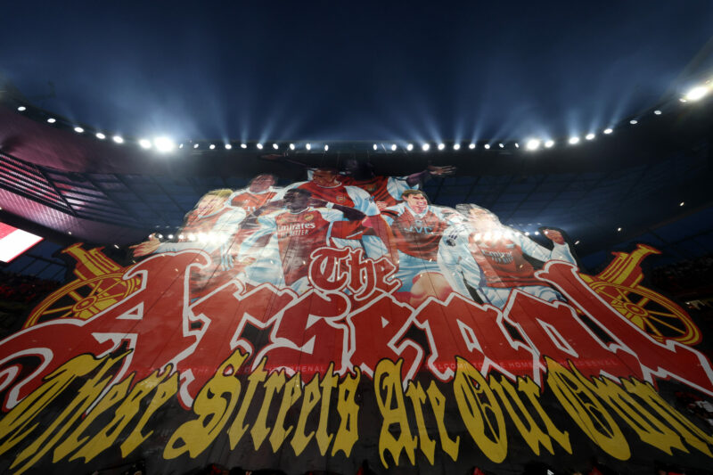 LONDON, ENGLAND - NOVEMBER 23: A general view of the Arsenal fans tifo prior to the Premier League match between Arsenal and Tottenham Hotspur at E...