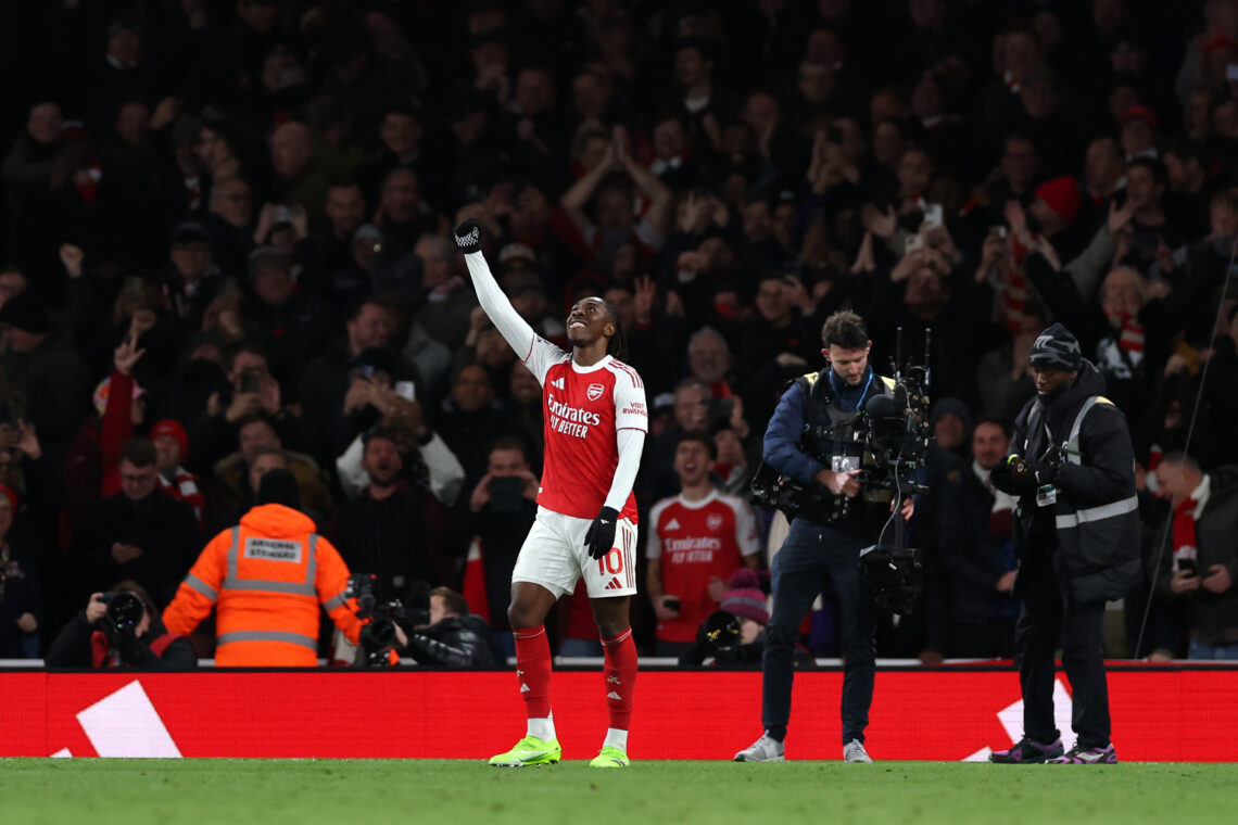 LONDON, ENGLAND - NOVEMBER 23: Eberechi Eze of Arsenal celebrates scoring his team's fourth goal during the Premier League match between Arsenal an...