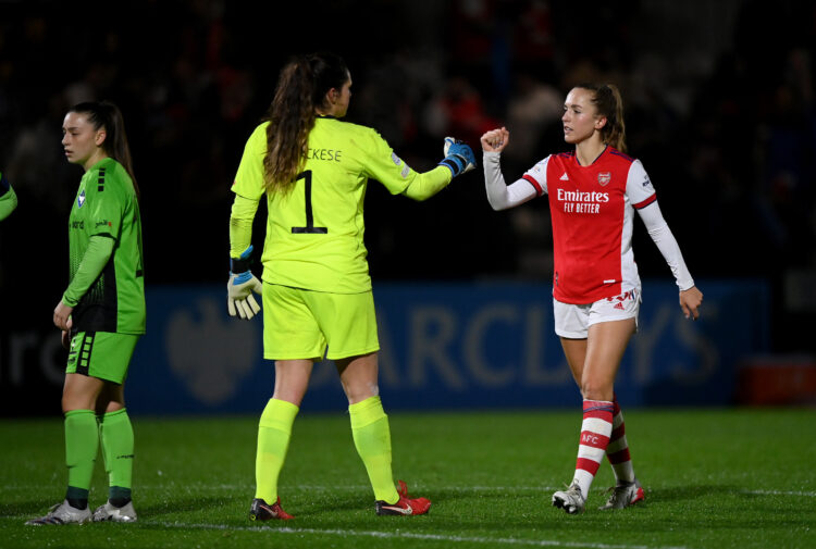 BOREHAMWOOD, ENGLAND - NOVEMBER 17: Kaylan Marckese of HB Koge and Lia Walti of Arsenal after the UEFA Women's Champions League group C match betwe...