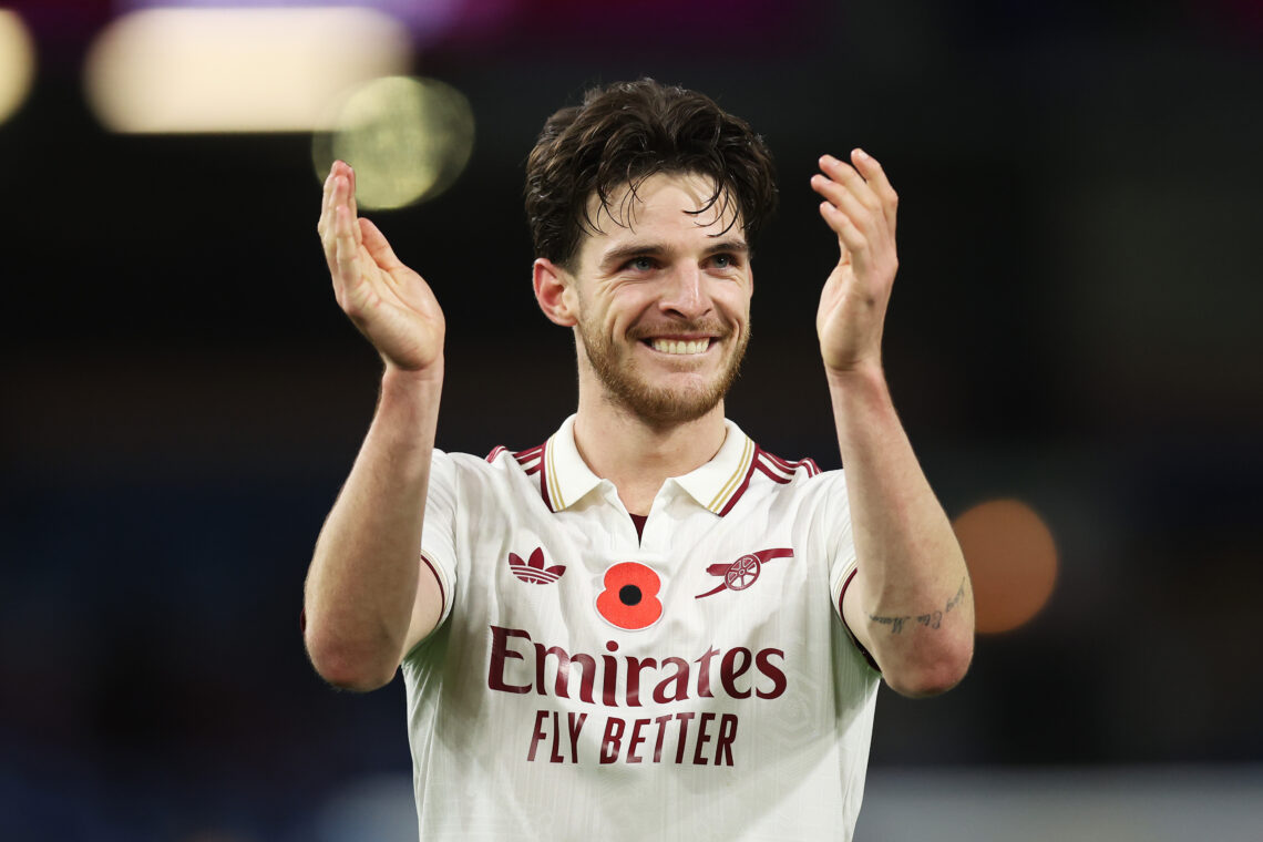 BURNLEY, ENGLAND - NOVEMBER 01: Declan Rice of Arsenal celebrates following the team's victory during the Premier League match between Burnley and ...