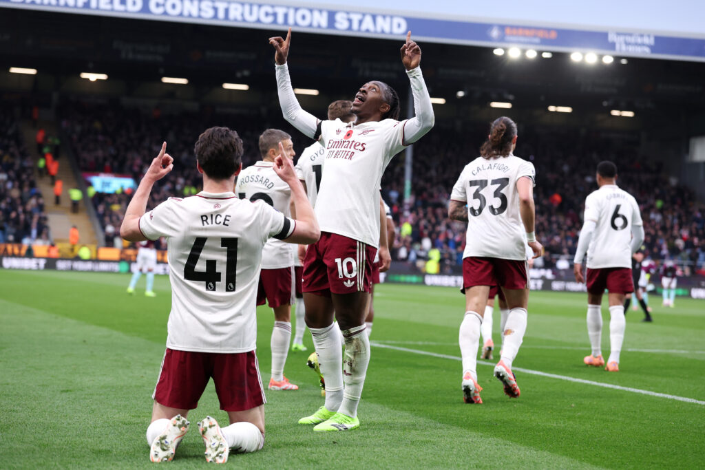 Arsenal machine keeps on rolling 2 BURNLEY, ENGLAND - NOVEMBER 01: Declan Rice of Arsenal celebrates with teammate Eberechi Eze after scoring his team's second goal during the Premier League match between Burnley and Arsenal at Turf Moor on November 01, 2025 in Burnley, England. (Photo by Alex Livesey/Getty Images)