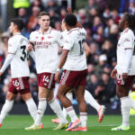 BURNLEY, ENGLAND - NOVEMBER 01: Viktor Gyoekeres of Arsenal celebrates scoring his team's first goal with teammate Jurrien Timber during the Premier League match between Burnley and Arsenal at Turf Moor on November 01, 2025 in Burnley, England. (Photo by Alex Livesey/Getty Images)