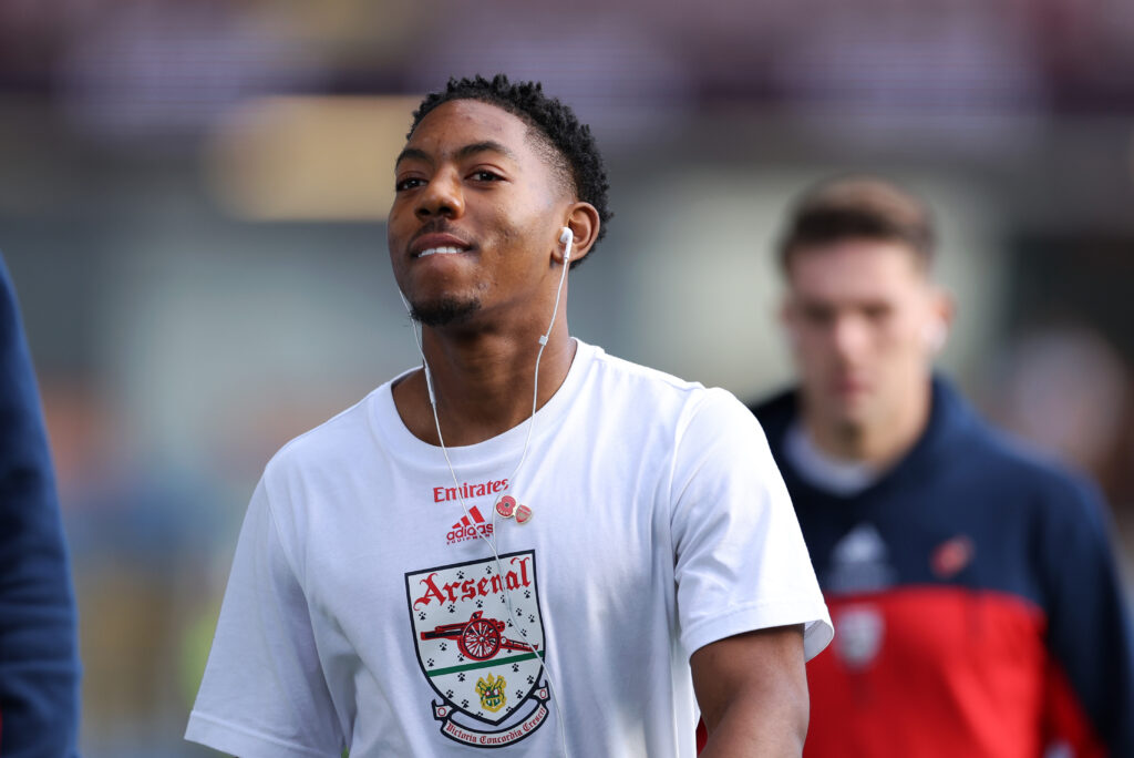 BURNLEY, ENGLAND - NOVEMBER 01: Myles Lewis-Skelly of Arsenal arrives at the stadium prior to the Premier League match between Burnley and Arsenal at Turf Moor on November 01, 2025 in Burnley, England. (Photo by Alex Livesey/Getty Images)
