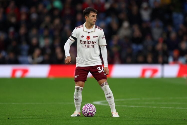 BURNLEY, ENGLAND: Martin Zubimendi of Arsenal on the ball during the Premier League match between Burnley and Arsenal at Turf Moor on November 01, ...
