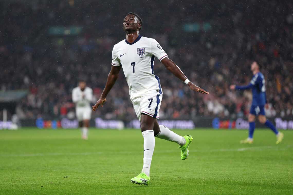 LONDON, ENGLAND - NOVEMBER 13: Bukayo Saka of England scores his team's first goal during the FIFA World Cup 2026 qualifier match between England a...