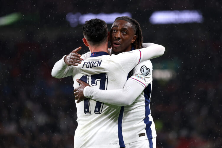 LONDON, ENGLAND - NOVEMBER 13: Eberechi Eze of England celebrates scoring his team's second goal with Phil Foden during the FIFA World Cup 2026 qua...