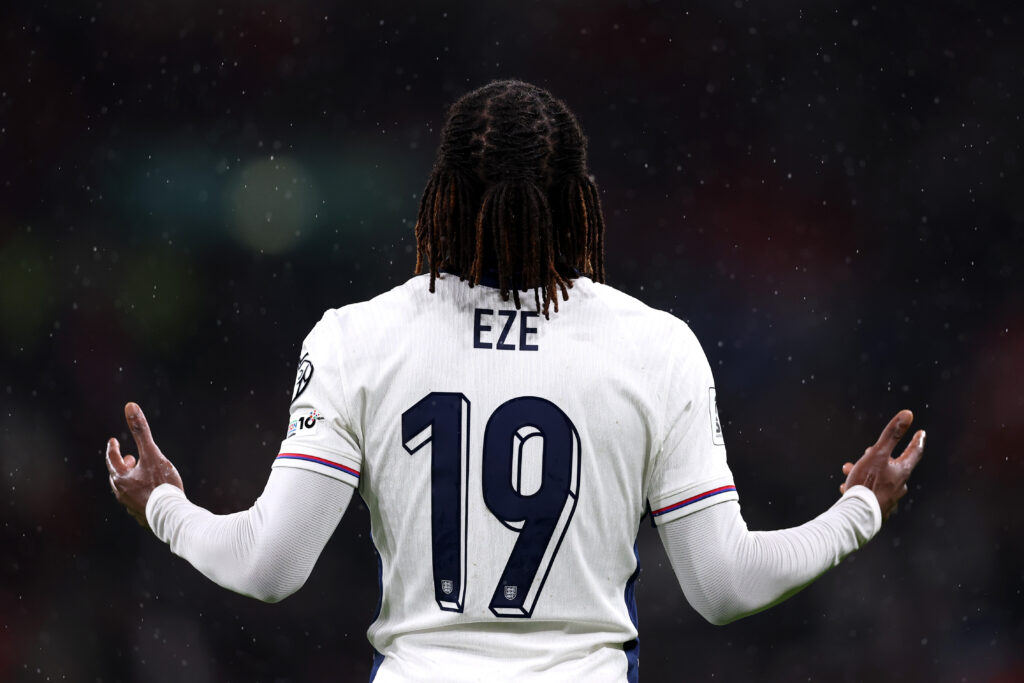 LONDON, ENGLAND - NOVEMBER 13: Eberechi Eze of England celebrates scoring his team's second goal during the FIFA World Cup 2026 qualifier match between England and Serbia at Wembley Stadium on November 13, 2025 in London, England. (Photo by Ryan Pierse/Getty Images)