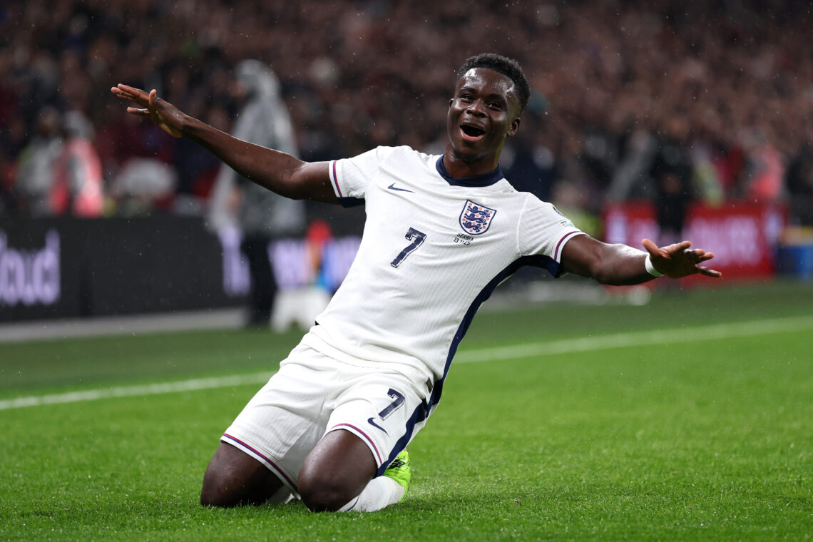 LONDON, ENGLAND - NOVEMBER 13: Bukayo Saka of England celebrates scoring his team's first goal during the FIFA World Cup 2026 qualifier match betwe...