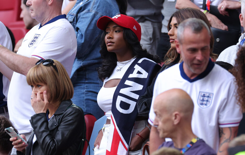 Bukayo Saka gets engaged 2 DUSSELDORF, GERMANY - JULY 06: Tolami Benson the girlfriend of Bukayo Saka of England looks on during the UEFA EURO 2024 quarter-final match between England and Switzerland at Düsseldorf Arena on July 06, 2024 in Dusseldorf, Germany. (Photo by Alex Livesey/Getty Images)