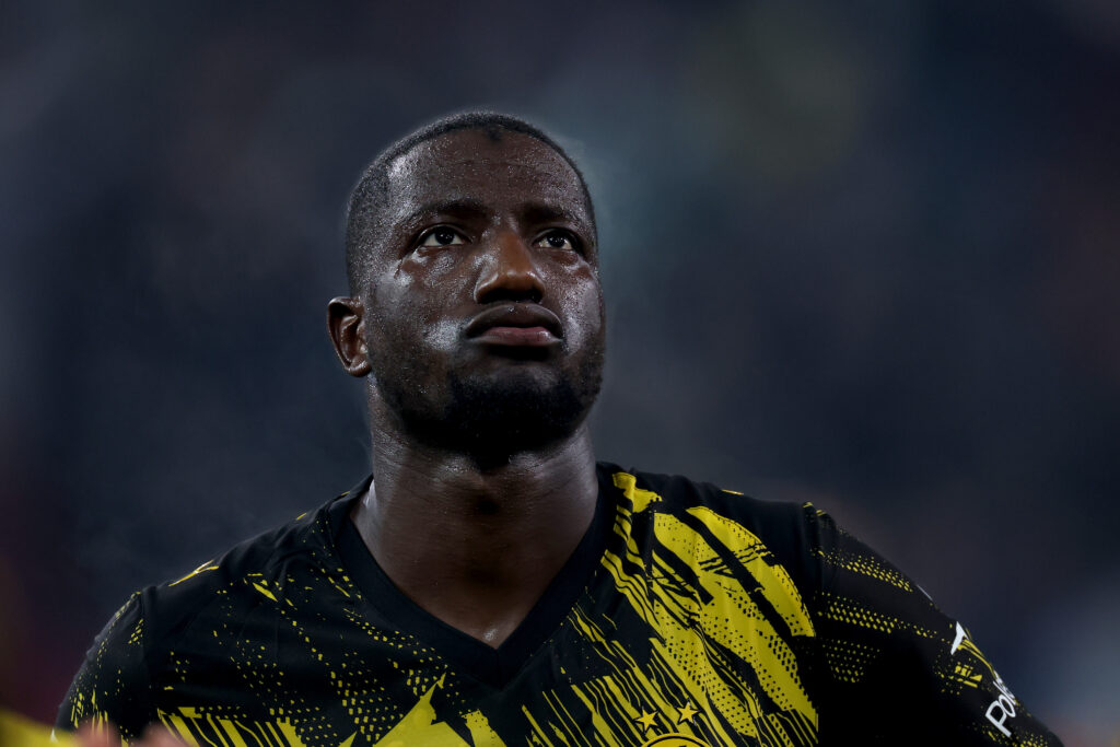 AUGSBURG, GERMANY - OCTOBER 31: Serhou Guirassy of Borussia Dortmund looks on during the Bundesliga match between FC Augsburg and Borussia Dortmund at WWK-Arena on October 31, 2025 in Augsburg, Germany. (Photo by Alexander Hassenstein/Getty Images)
