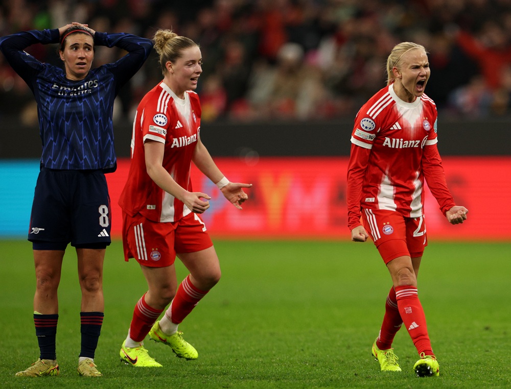 MUNICH, GERMANY: Pernille Harder of Bayern Munich celebrates scoring her teams second goal during the UEFA Women's Champions League 2025/26 league phase match between FC Bayern München and Arsenal FC at the Allianz Arena on November 12, 2025. (Photo by Adam Pretty/Getty Images)